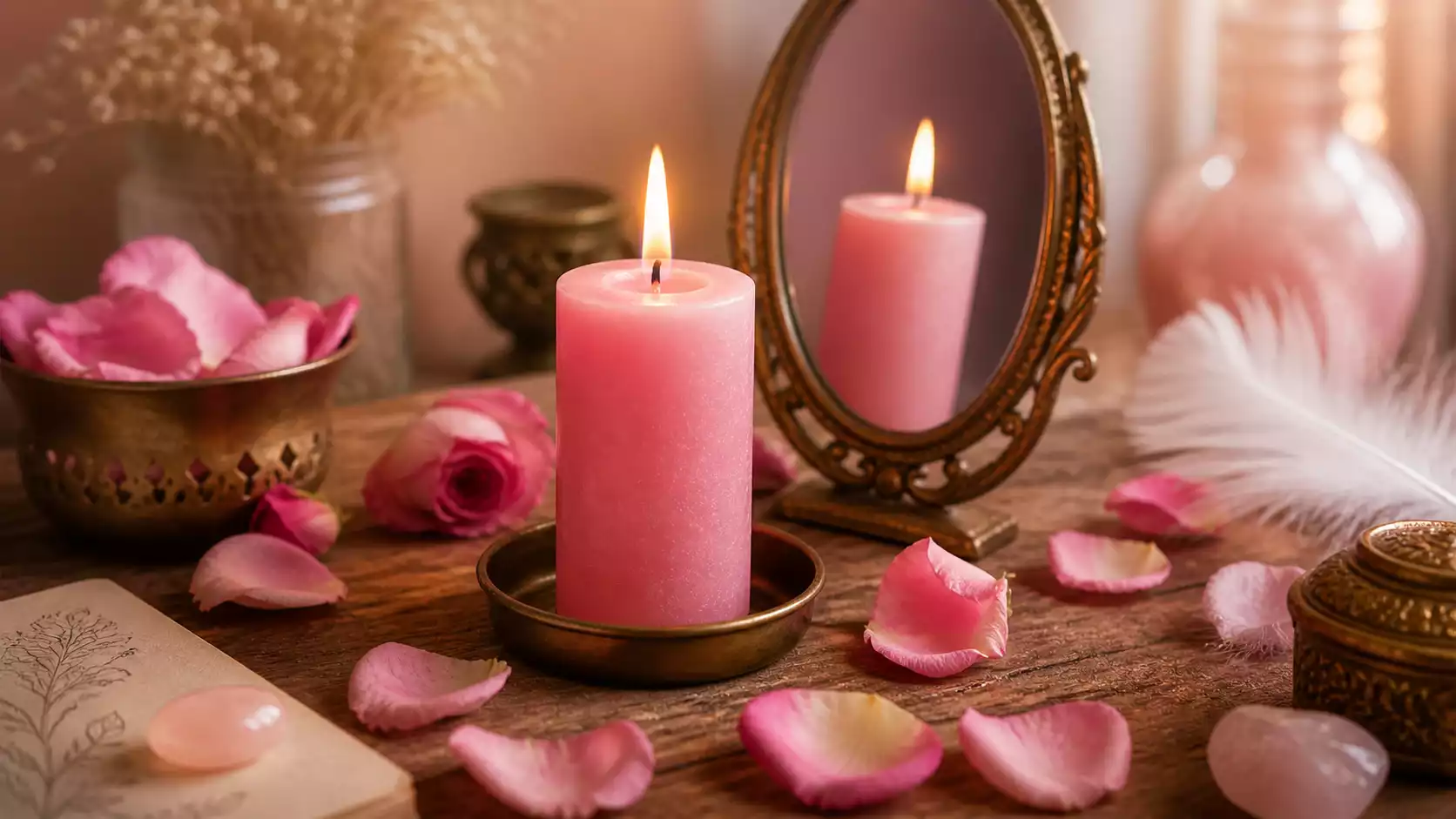 Bougie rose allumée devant un miroir avec pétales de rose et plume blanche pour rituel d’amour-propre.