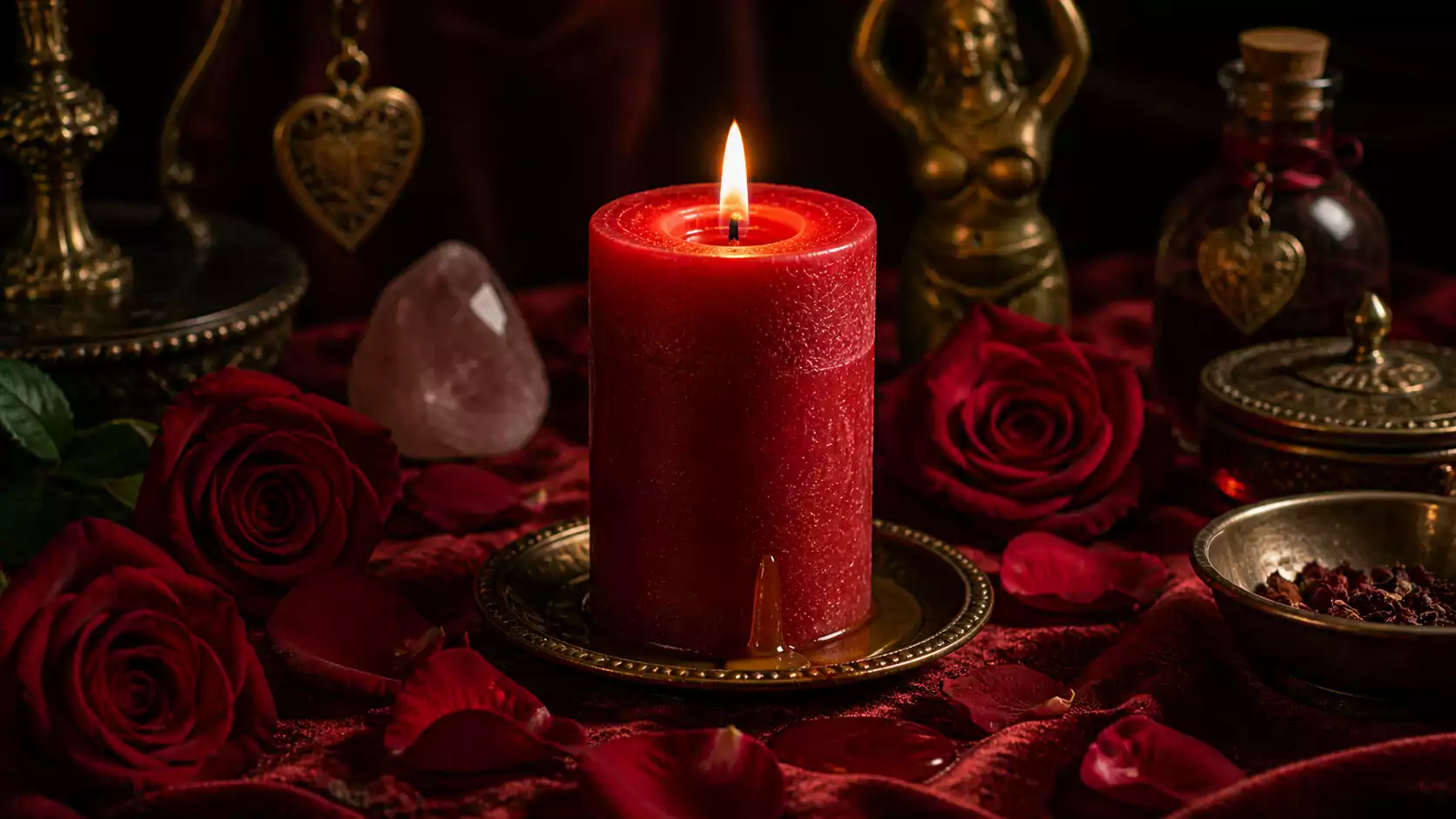 Bougie rouge allumée avec pétales de rose sur velours rouge pour rituel d’amour.