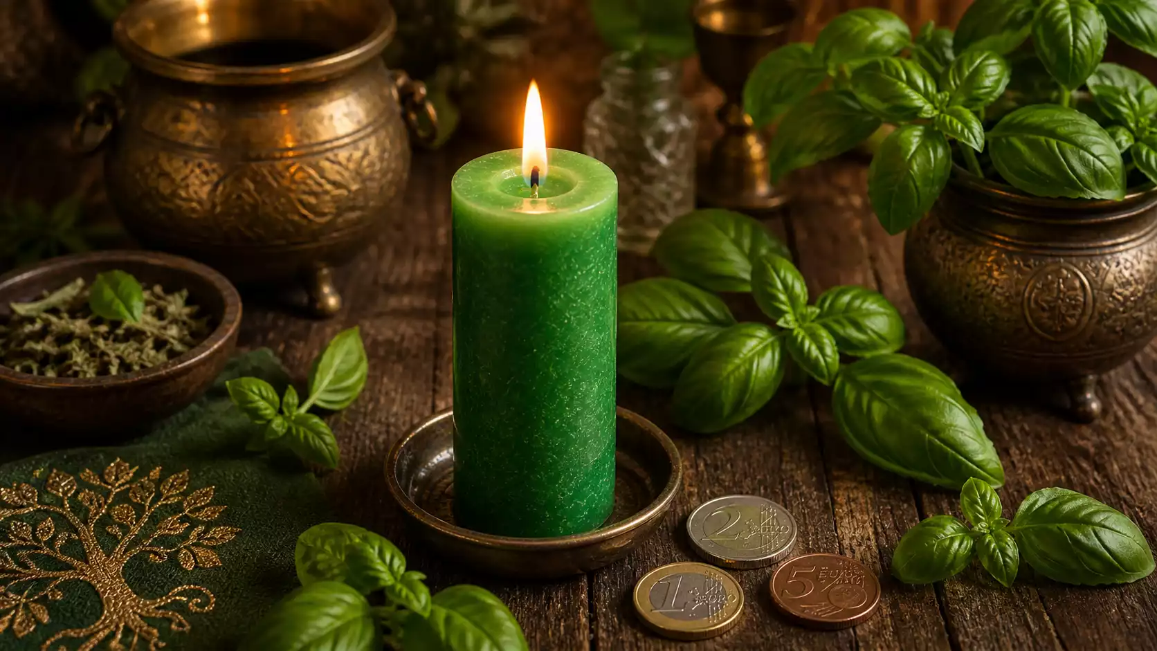 Bougie verte allumée avec pièces et basilic frais sur un autel en bois pour rituel d’abondance.