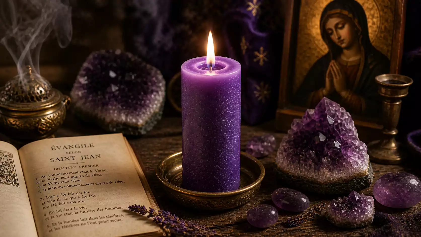 Bougie violette allumée avec améthyste, livre ouvert et fumée d’encens pour méditation et spiritualité.