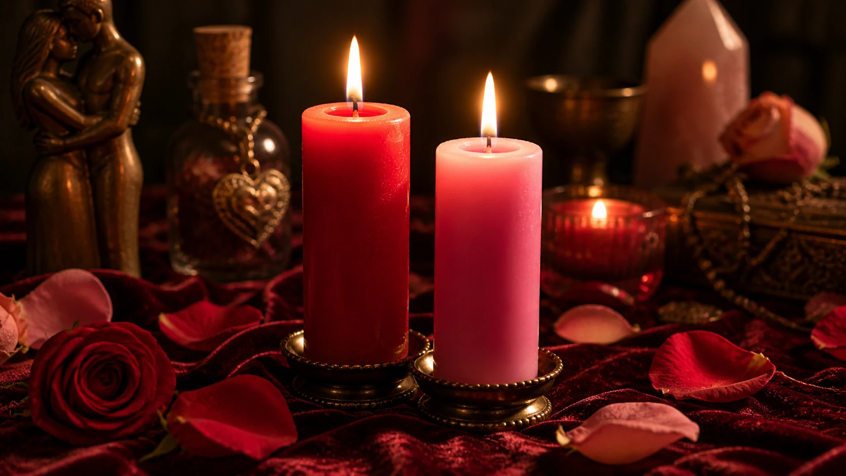Bougies rouge et rose allumées sur velours avec pétales de rose pour rituels d’amour.