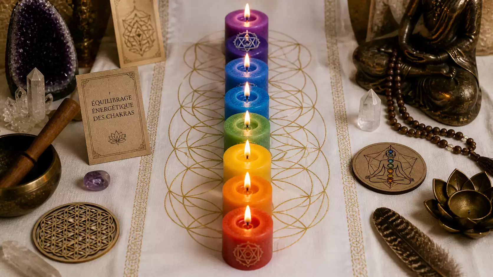 7 bougies chakras alignées en couleurs rouge, orange, jaune, vert, bleu, indigo et violet pour rituel d’équilibrage énergétique.