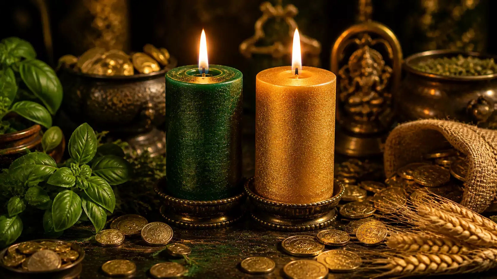 Bougies verte et dorée allumées avec pièces, basilic et blé sur un autel de prospérité.