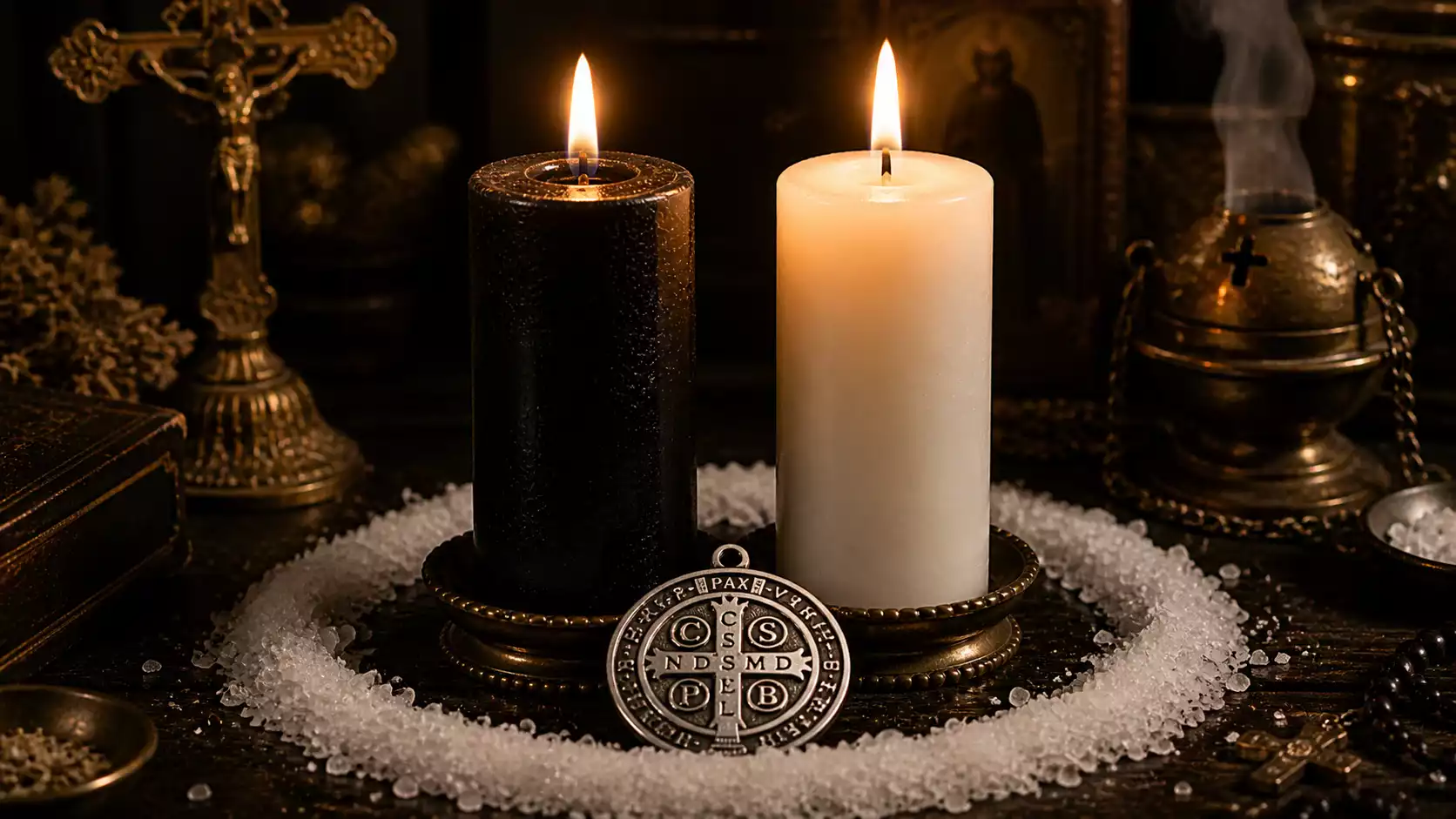 Bougies noire et blanche avec médaille Saint Benoît, cercle de sel et autel de protection spirituelle.