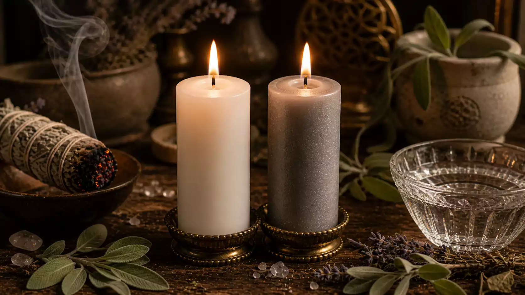 Bougies blanche et grise allumées avec sauge fumante et bol d’eau claire pour rituel de purification.