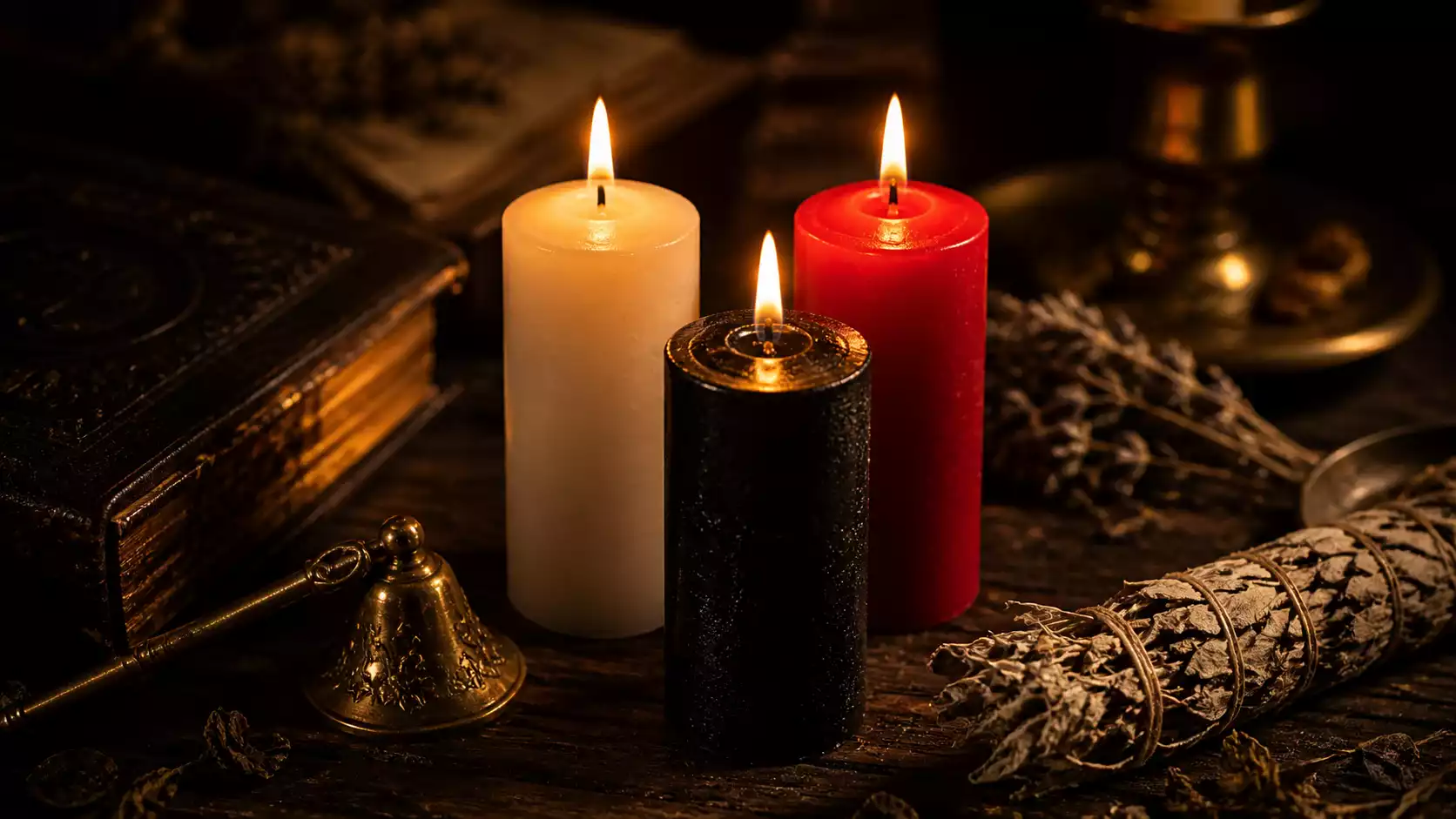 Trois bougies rituelles blanche, rouge et noire allumées sur un autel en bois sombre avec grimoire, éteignoir en laiton et sauge séchée.
