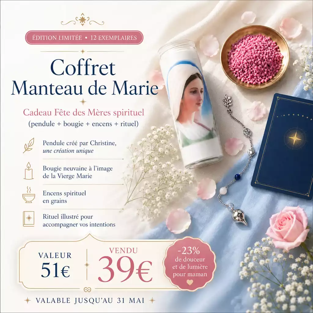 Coffret Manteau de Marie en édition limitée pour la Fête des Mères avec bougie de la Vierge Marie, encens rose, pendule argenté et carte rituelle.