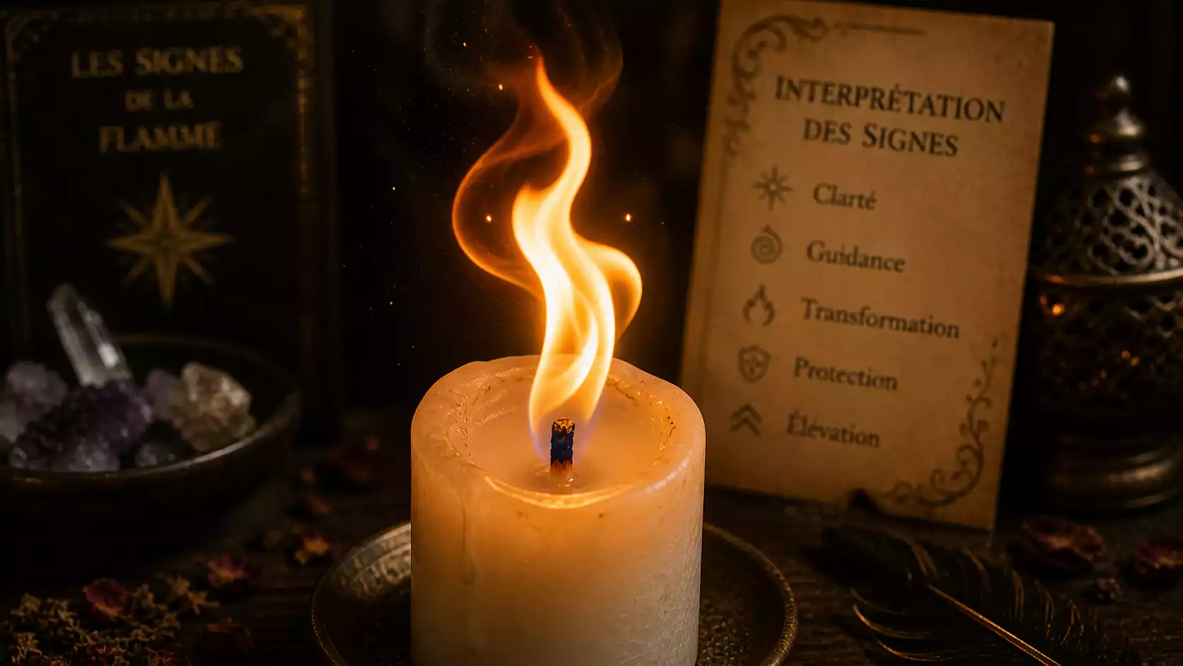 Flamme dansante de bougie rituelle avec base bleutée pour interprétation des signes mystiques.