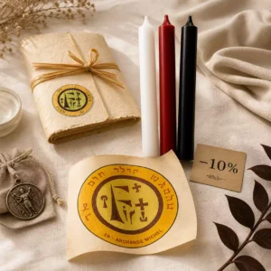Kit bougies rituelles Archange Michel avec bougies blanche rouge noire, pentacle imprimé, parchemin et coupon artisanal sur lin naturel.
