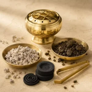 Kit encens de protection avec brûle-encens lune en laiton, benjoin, encens d’aloès, charbons ardents et pince dorée.
