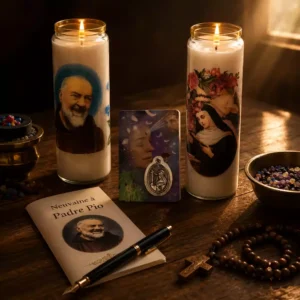Deux bougies neuvaines Padre Pio et Sainte Rita allumées avec médaille Sainte Rita sur carte, encens coloré, livret et chapelet sur table en bois.