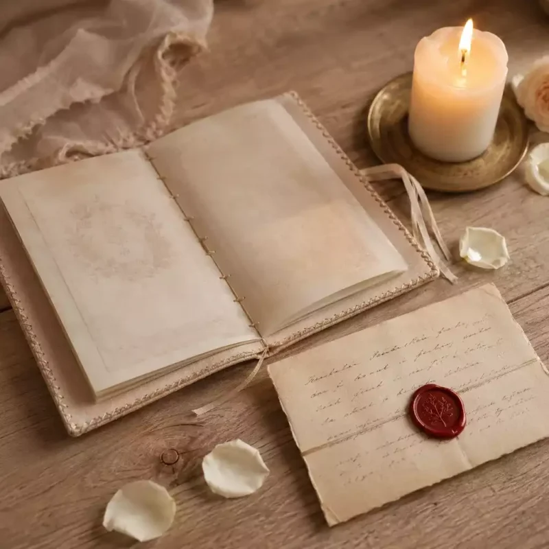 Livret spirituel ouvert avec carte manuscrite cachetée à la cire rouge, bougie blanche allumée et pétales de rose sur table en bois clair.