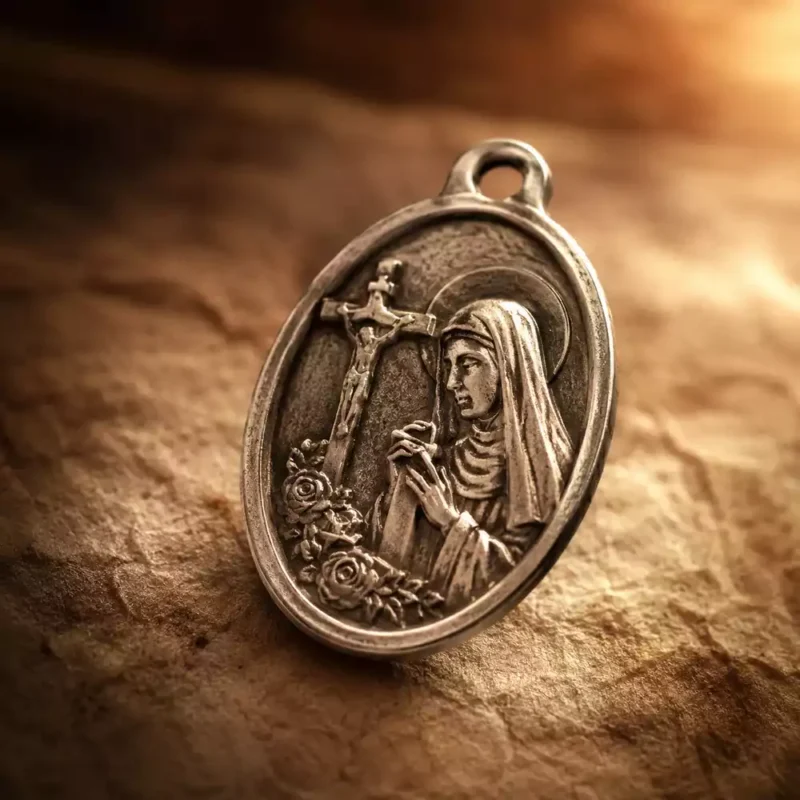 Médaille Sainte Rita argentée posée sur papier parchemin, photographiée en gros plan avec une lumière dorée chaleureuse.