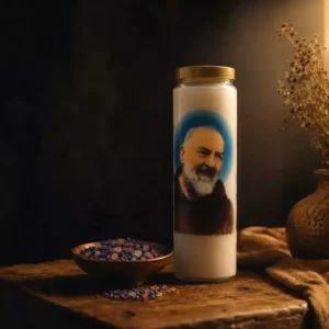 Bougie neuvaine Padre Pio avec encens en grains violet et bleu dans une ambiance spirituelle chaleureuse.