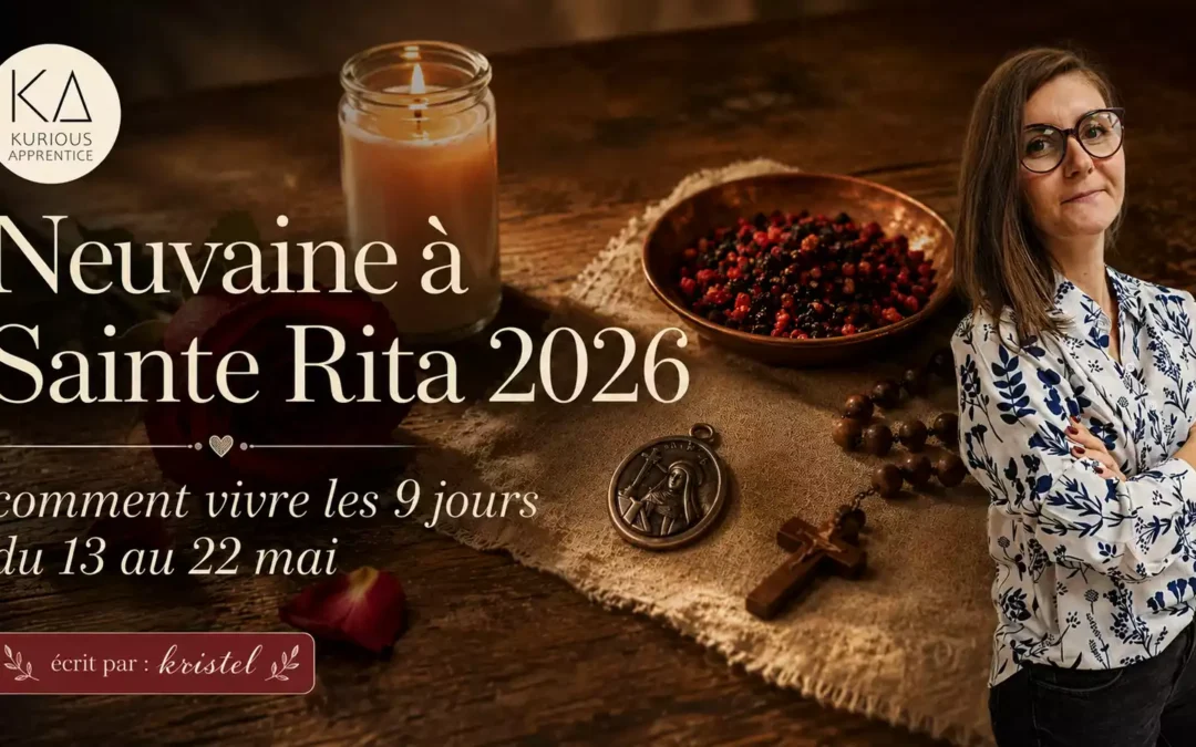 Bannière d’article Neuvaine à Sainte Rita 2026 avec bougie, rose rouge, médaille, chapelet et portrait de Kristel pour Kurious Apprentice.