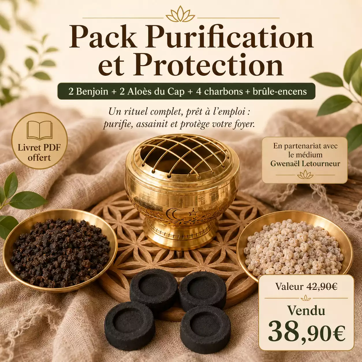 Pack Purification et Protection avec brûle-encens en laiton, benjoin, Aloès du Cap, charbons et livret PDF offert, créé en partenariat avec le médium Gwenaël Letourneur.