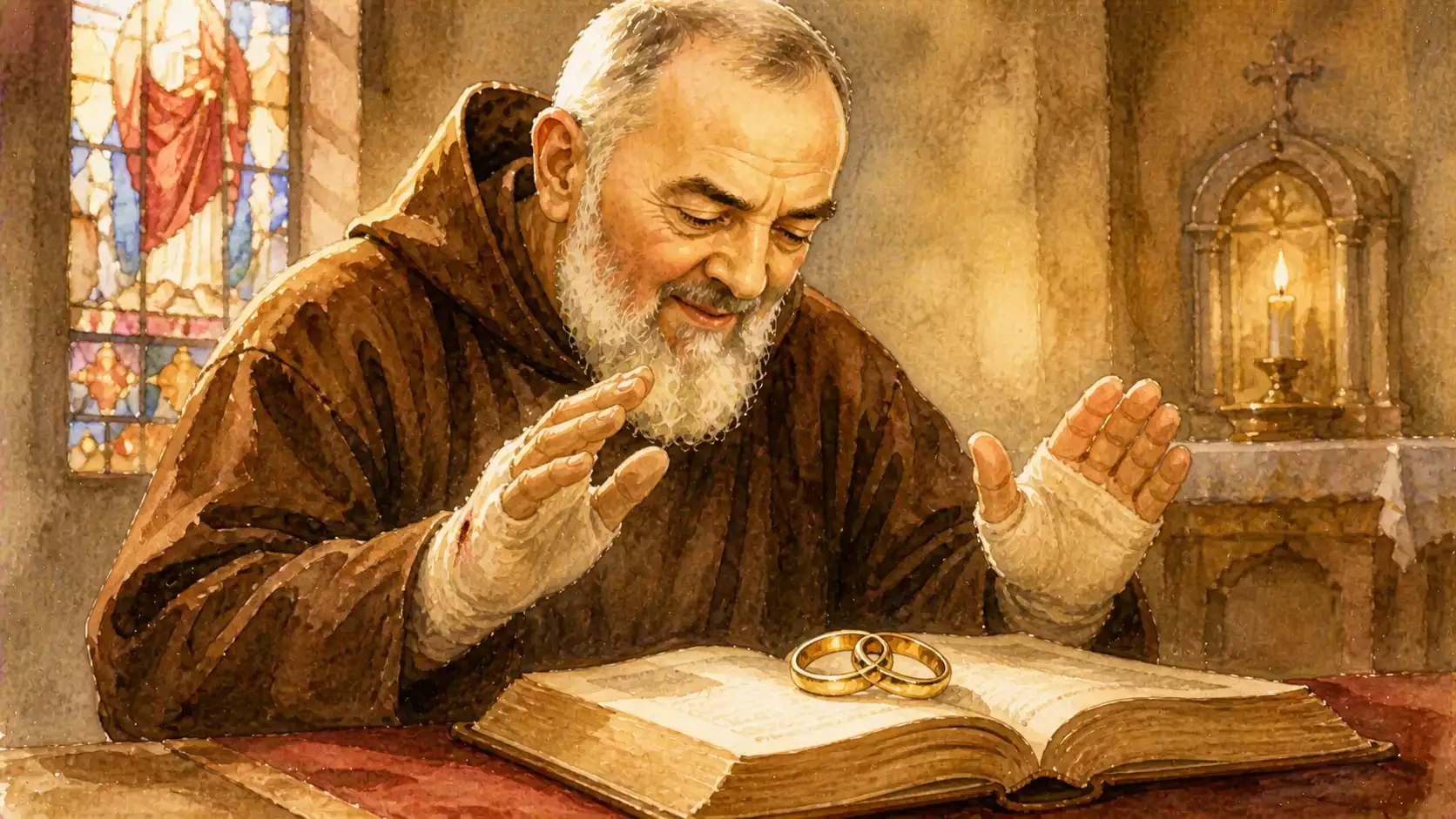 Padre Pio bénissant des alliances de mariage Padre Pio en habit capucin bénissant deux alliances dorées posées sur un Évangile ouvert dans une chapelle lumineuse.