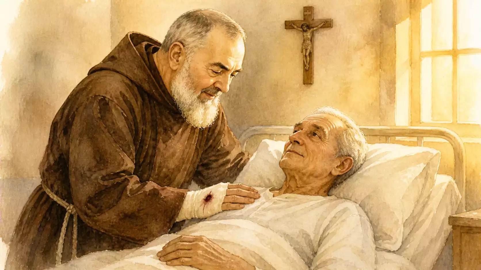 Padre Pio auprès d’un malade en prière Padre Pio en habit capucin bénissant un patient âgé dans un lit d’hôpital, avec crucifix mural et lumière dorée.
