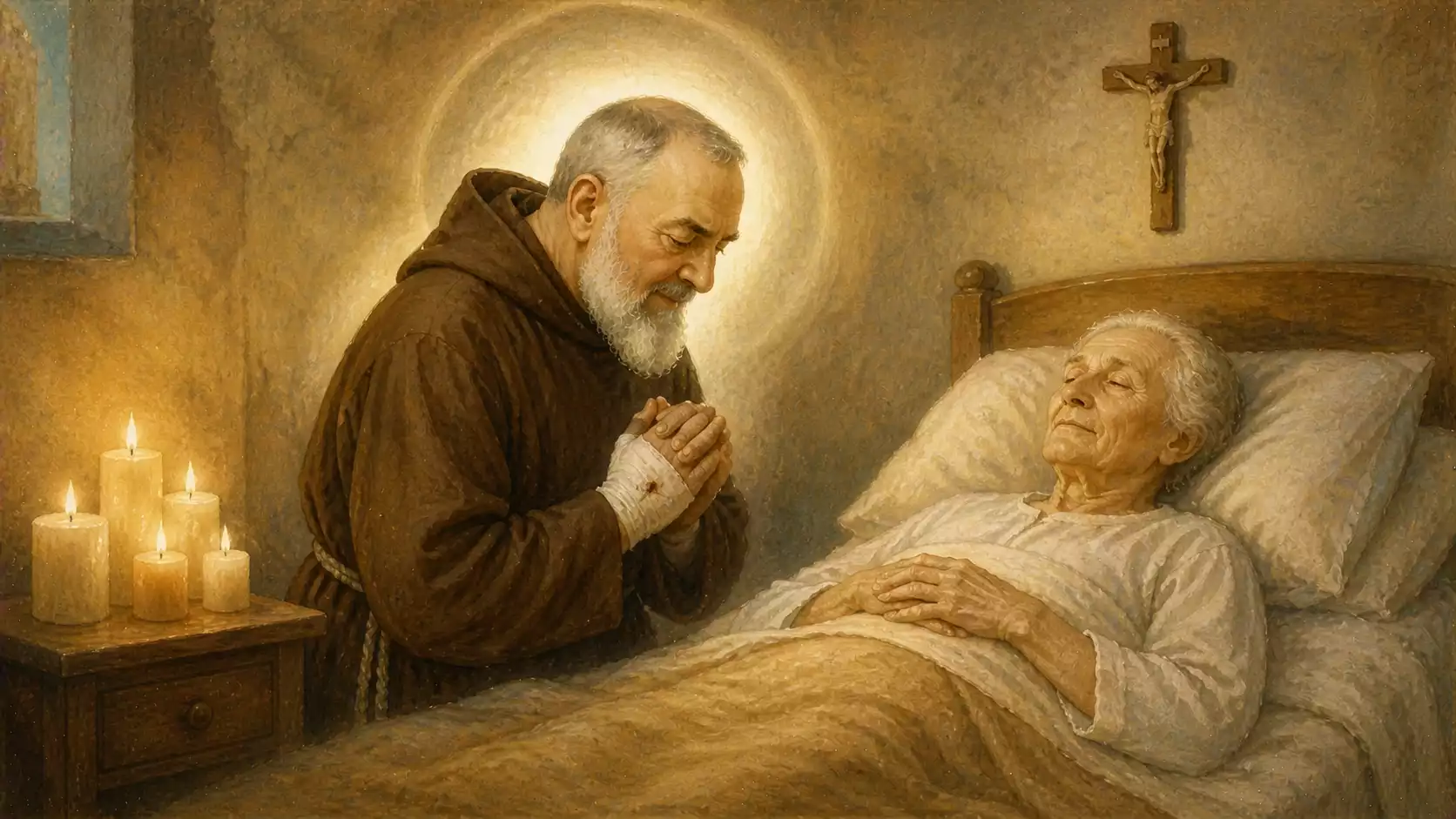 Padre Pio priant au chevet d’une personne malade Padre Pio en habit capucin priant au chevet d’une personne âgée malade, avec cierges allumés et crucifix mural.