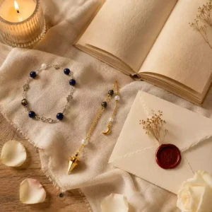 Pendule doré chemin de vie et bracelet énergétique bleu et argenté posés sur un linge en lin avec livret spirituel ouvert et enveloppe cachetée.