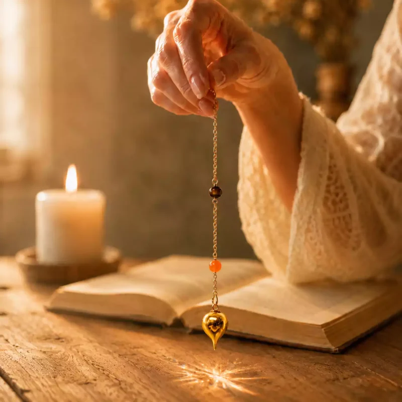 Pendule doré de méditation avec chaîne fine, bougie allumée et livret ouvert sur une table en bois.