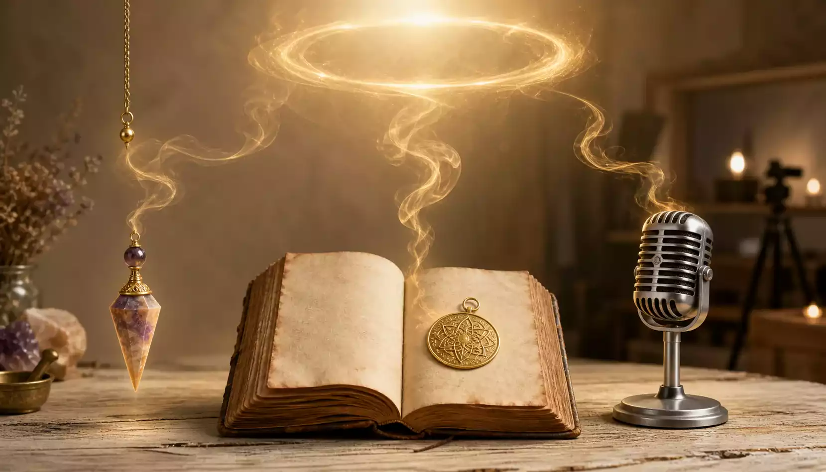 Pendule en pierre naturelle, livre ancien avec médaille dorée et micro vintage sur table en bois, dans une ambiance ésotérique chaleureuse.