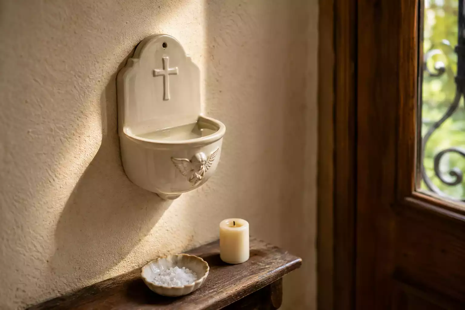 Petit bénitier mural avec de l'eau bénite à l'entrée d'une maison catholique