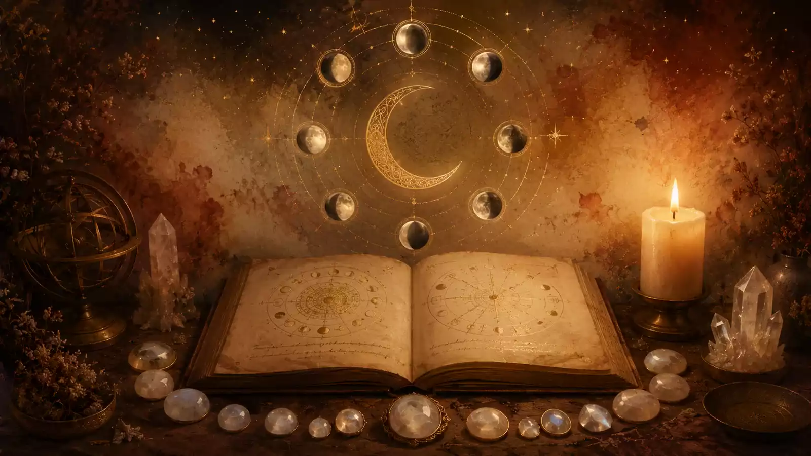 Croissant de lune doré entouré de huit phases lunaires au-dessus d’un calendrier lunaire ouvert, avec pierres de lune nacrées et bougie crème allumée.