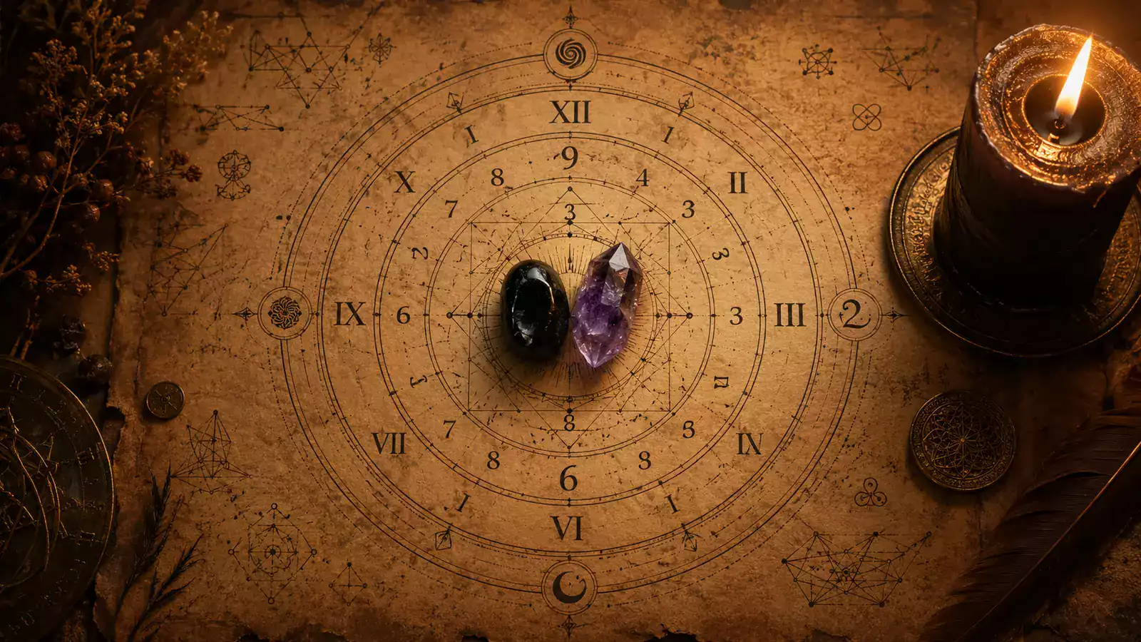 Cercle astral complexe gravé sur papier ancien avec chiffres romains et arabes, symboles karmiques, obsidienne, améthyste et bougie noire allumée.