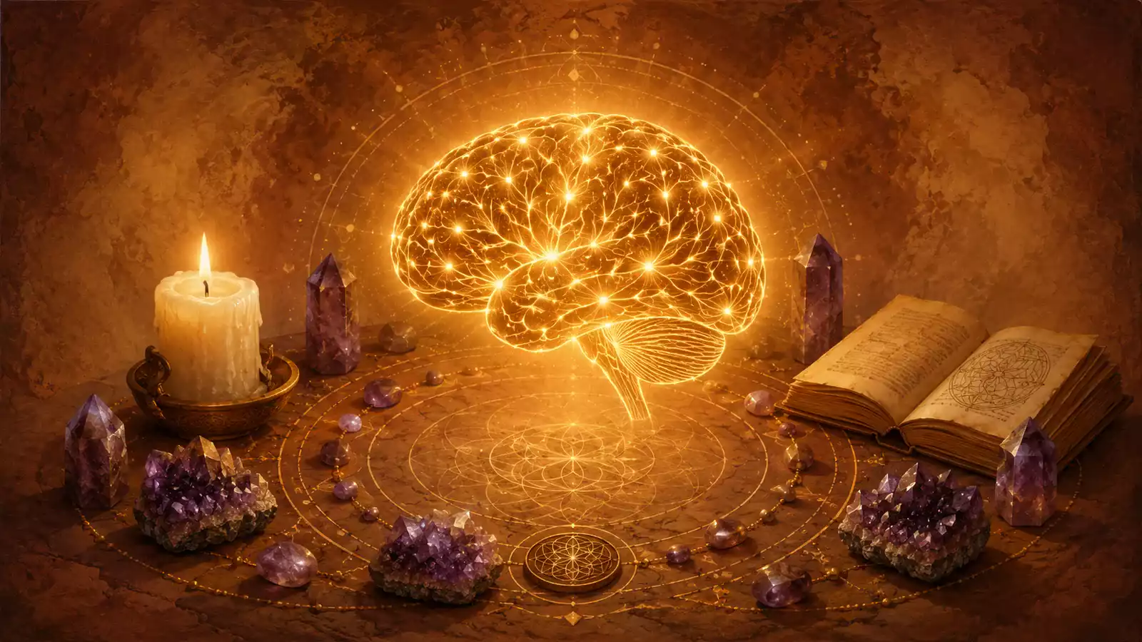 Cerveau humain stylisé en lumière dorée avec synapses lumineuses, entouré d’améthystes, d’une bougie blanche et d’un livre ouvert.