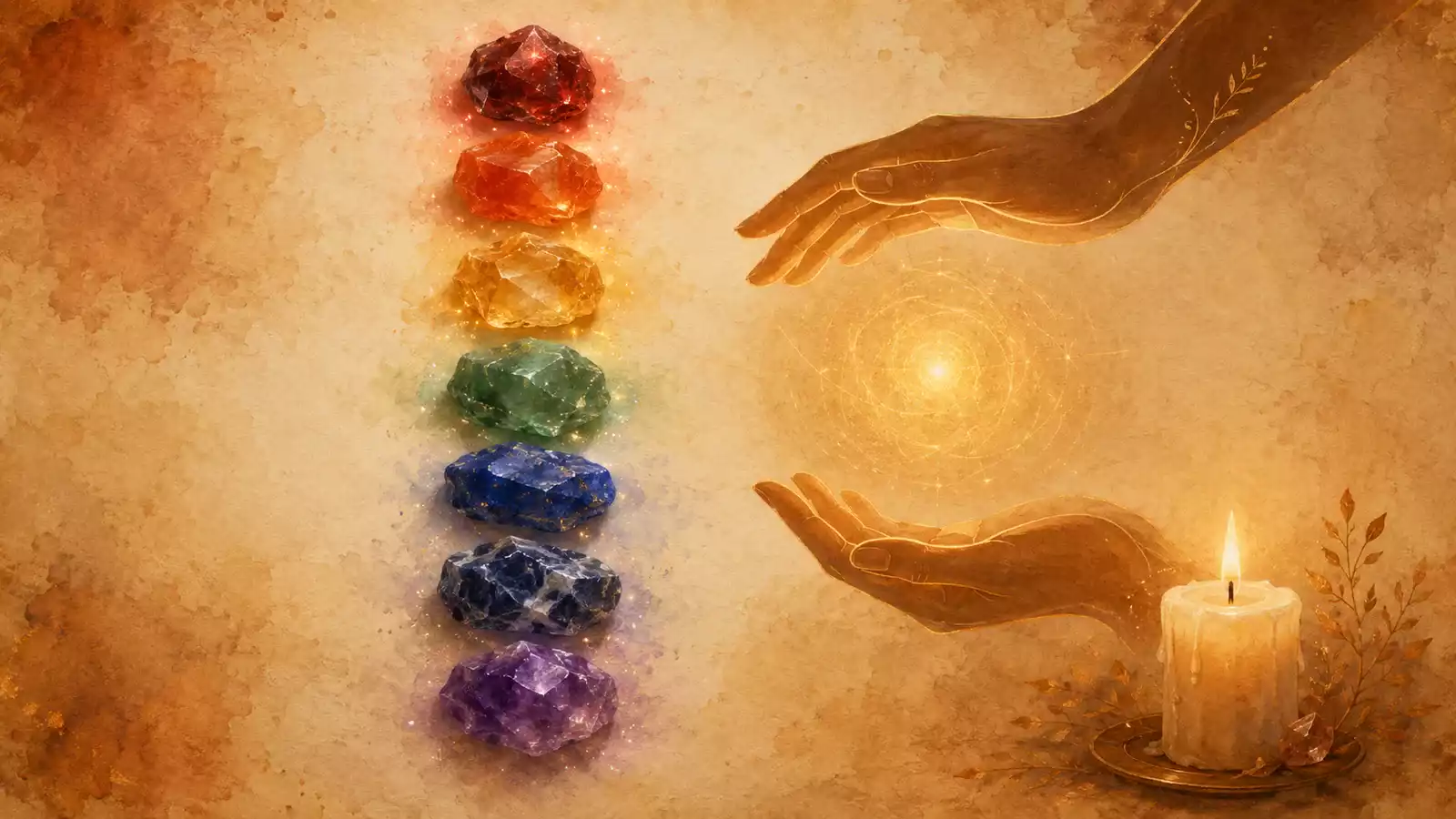 Sept cristaux des chakras alignés en colonne avec deux mains stylisées en posture de soin, halo doré central et bougie blanche allumée.