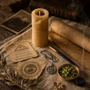 Coffret rituel Saint Joseph présenté sur lin ancien avec bougie de cire d'abeille et parchemin, pentacles Père Éternel et Triangle Protecteur, médaille bénite et encens en grains