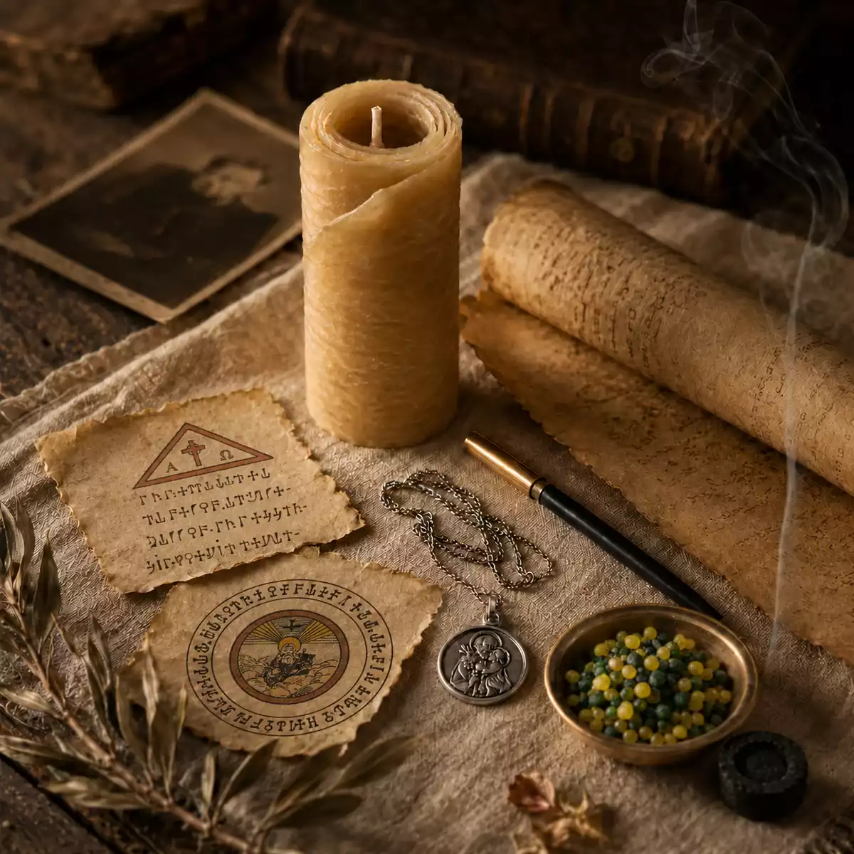 Coffret rituel Saint Joseph présenté sur lin ancien avec bougie de cire d'abeille et parchemin, pentacles Père Éternel et Triangle Protecteur, médaille bénite et encens en grains