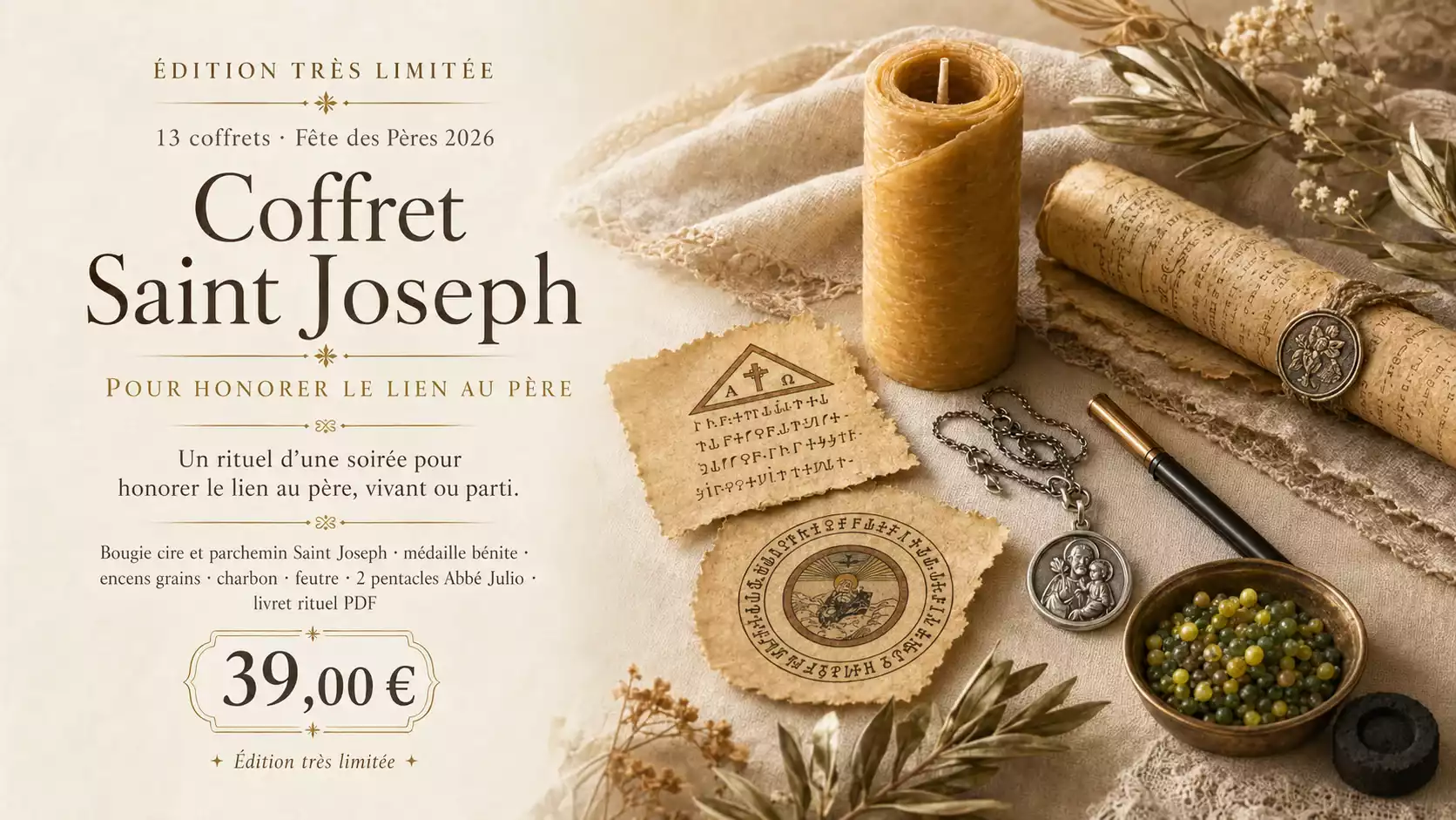 Bannière du Coffret Saint Joseph pour la Fête des Pères 2026, avec bougie cire et parchemin, médaille bénite, encens en grains vert et doré, charbon, feutre et pentacles Abbé Julio.