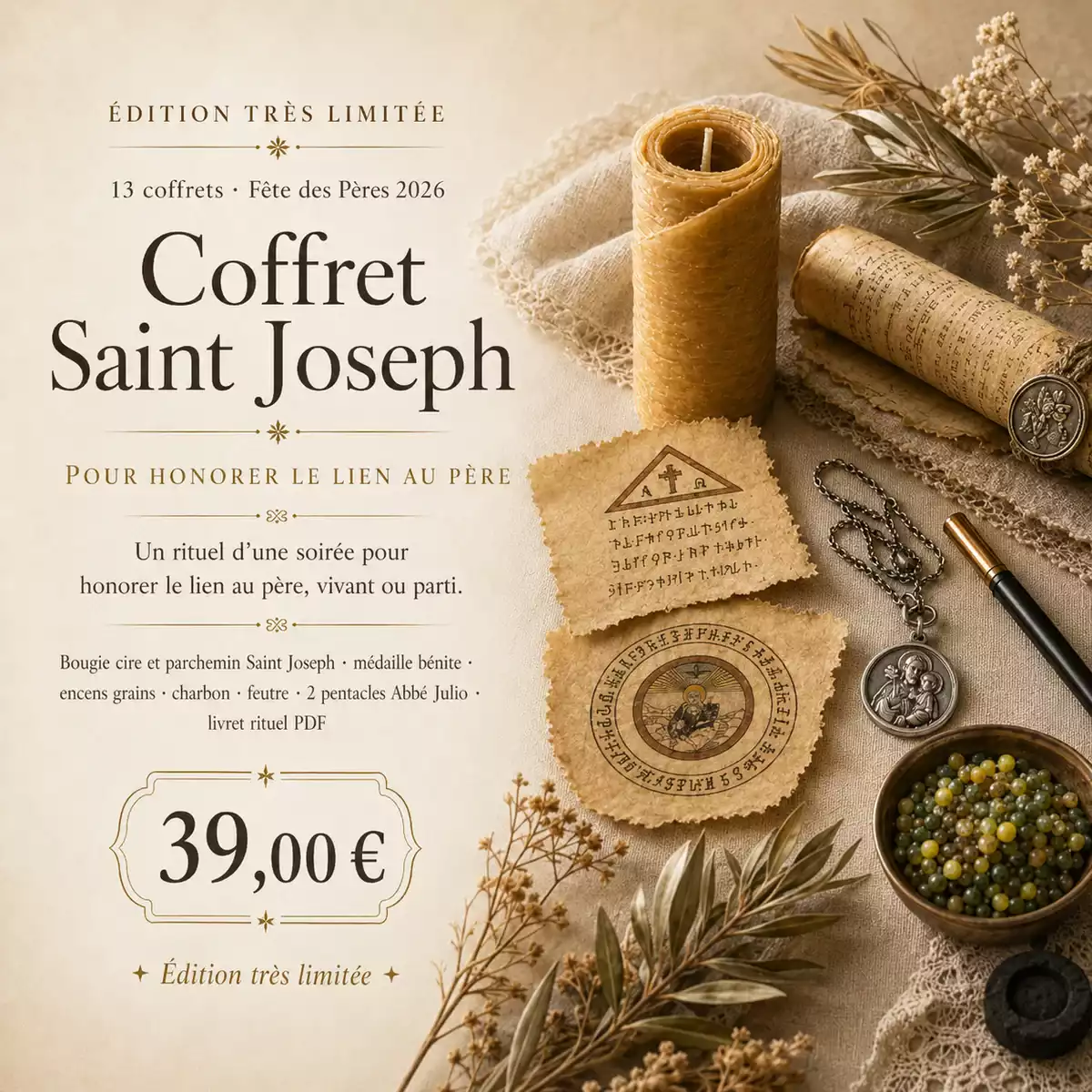 Visuel carré du Coffret Saint Joseph pour la Fête des Pères 2026, avec bougie de cire d’abeille, parchemin, médaille bénite, encens en grains, charbon, feutre et pentacles Abbé Julio.