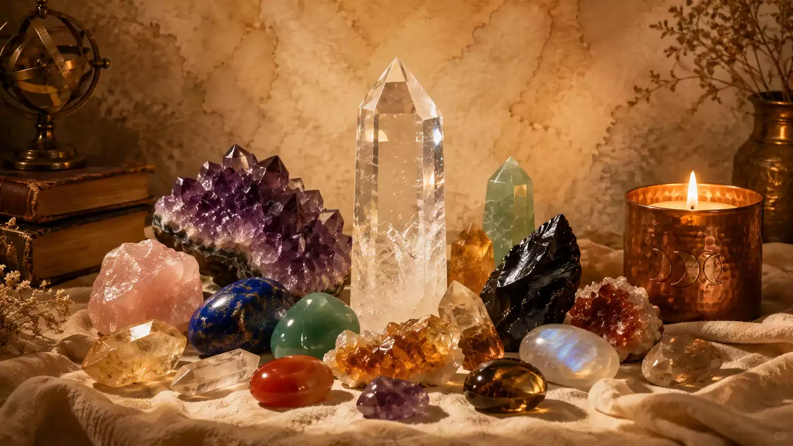 Collection de cristaux disposés en demi-cercle autour d’un grand quartz transparent, avec bougie cuivrée allumée dans une ambiance de bibliothèque ésotérique.