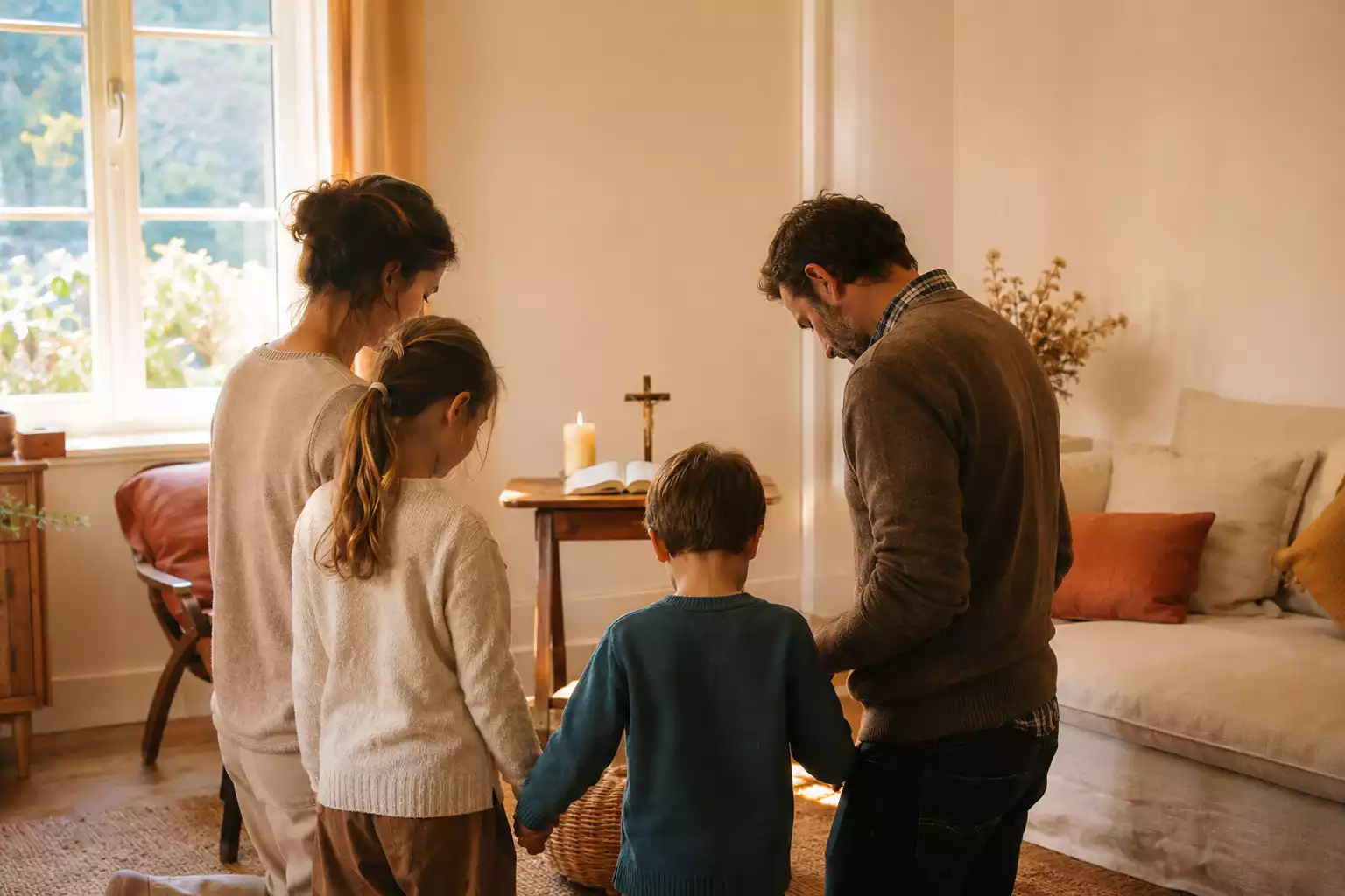 Famille catholique en prière pour la bénédiction de leur foyer dans le salon