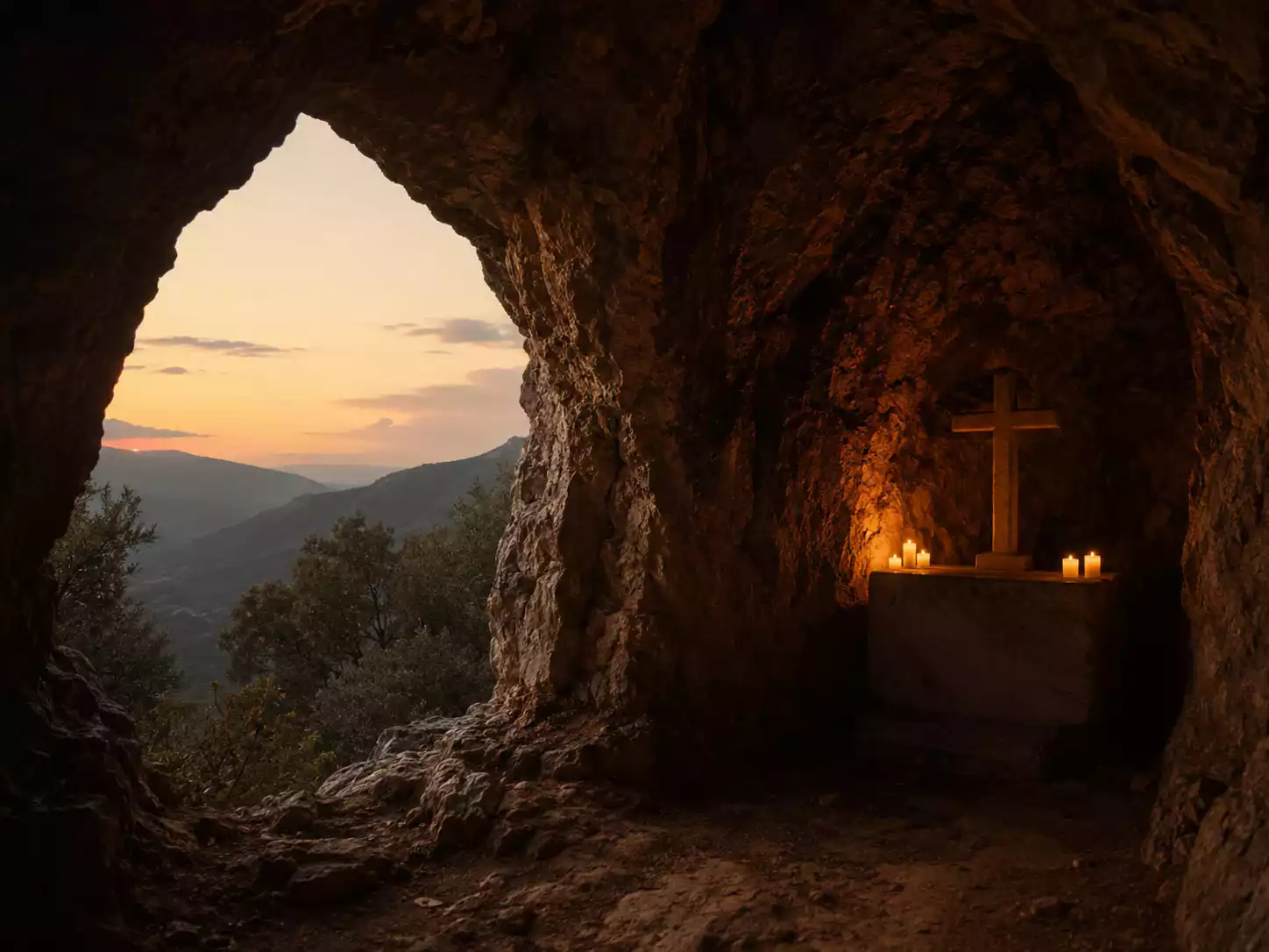 Autel monacal dans une grotte des monts Simbruins évoquant le Sacro Speco de Subiaco