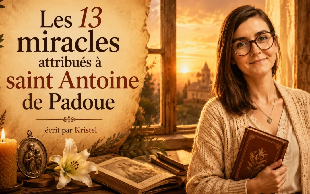 Vignette éditoriale chaleureuse illustrant l’article « Les 13 miracles attribués à saint Antoine de Padoue », avec une ambiance spirituelle, une médaille religieuse, une bougie, un lys blanc et le portrait de Kristel.
