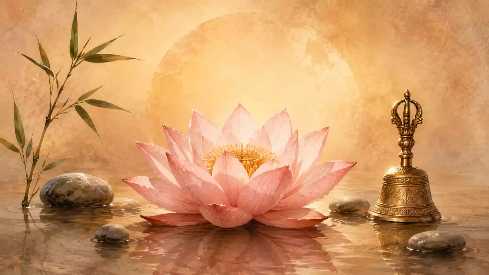 Fleur de lotus rose pâle ouverte sur une eau calme, entourée de galets gris, d’une cloche tibétaine dorée et d’un brin de bambou.