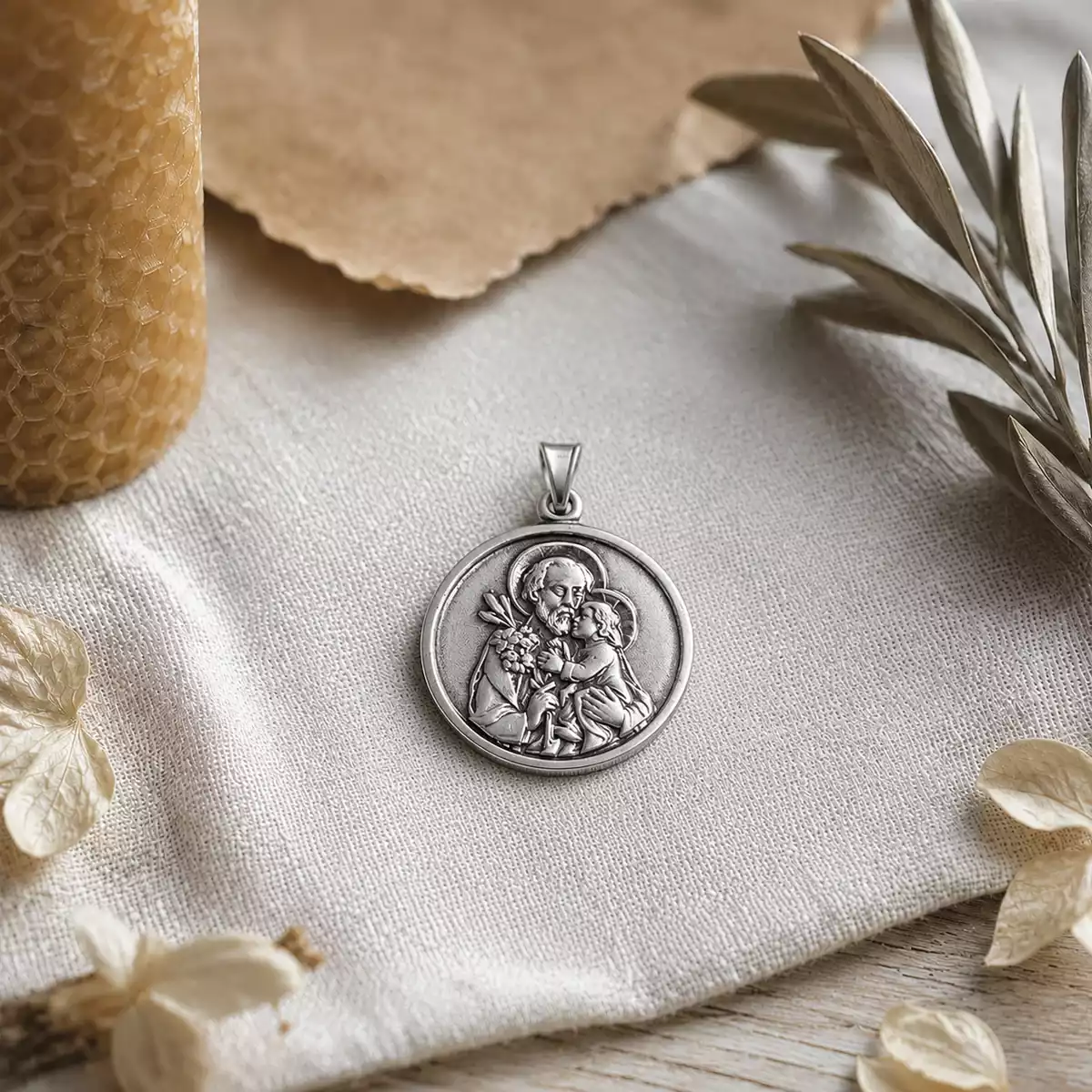 Médaille argentée de Saint Joseph posée sans chaîne sur un linge de lin ivoire, accompagnée d’une bougie de cire d’abeille, de pétales blancs séchés, d’un coin de parchemin et d’une branche d’olivier.