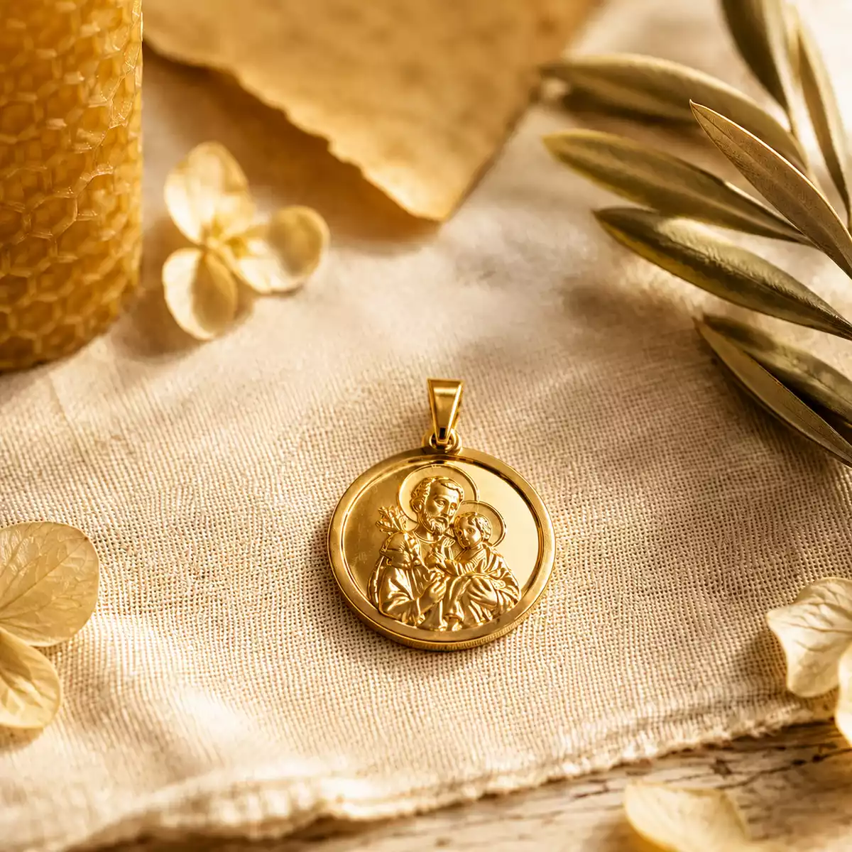 Médaille dorée de Saint Joseph posée sans chaîne sur un linge de lin ivoire, entourée d’une bougie de cire d’abeille, de pétales séchés et d’une branche d’olivier.