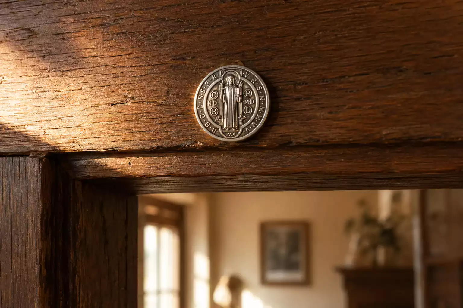 Médaille de saint Benoît fixée discrètement au-dessus du chambranle d'une porte d'entrée