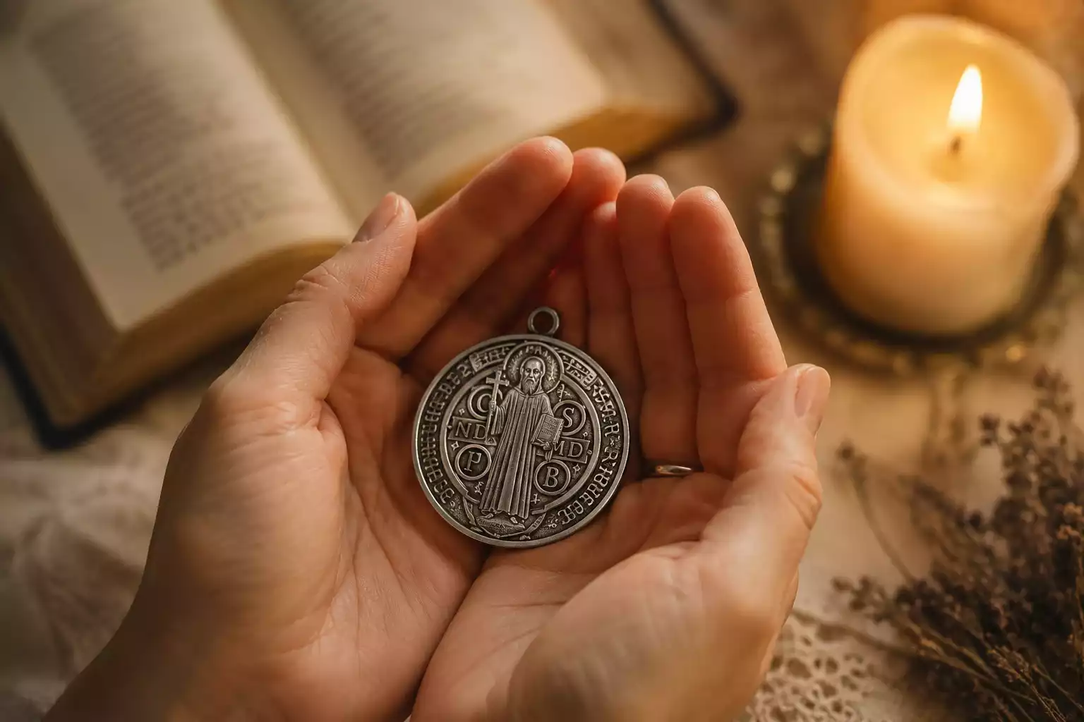 Médaille CSPB de saint Benoît tenue dans les mains pendant la prière de neuvaine