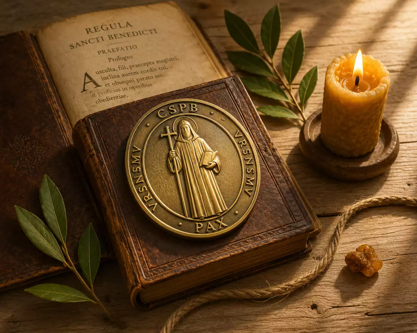 Médaille de Saint Benoît en macro avec inscriptions latines CSPB CSSML NDSMD VRSNSMV SMQLIVB PAX visibles — prière d'exorcisme bénédictine