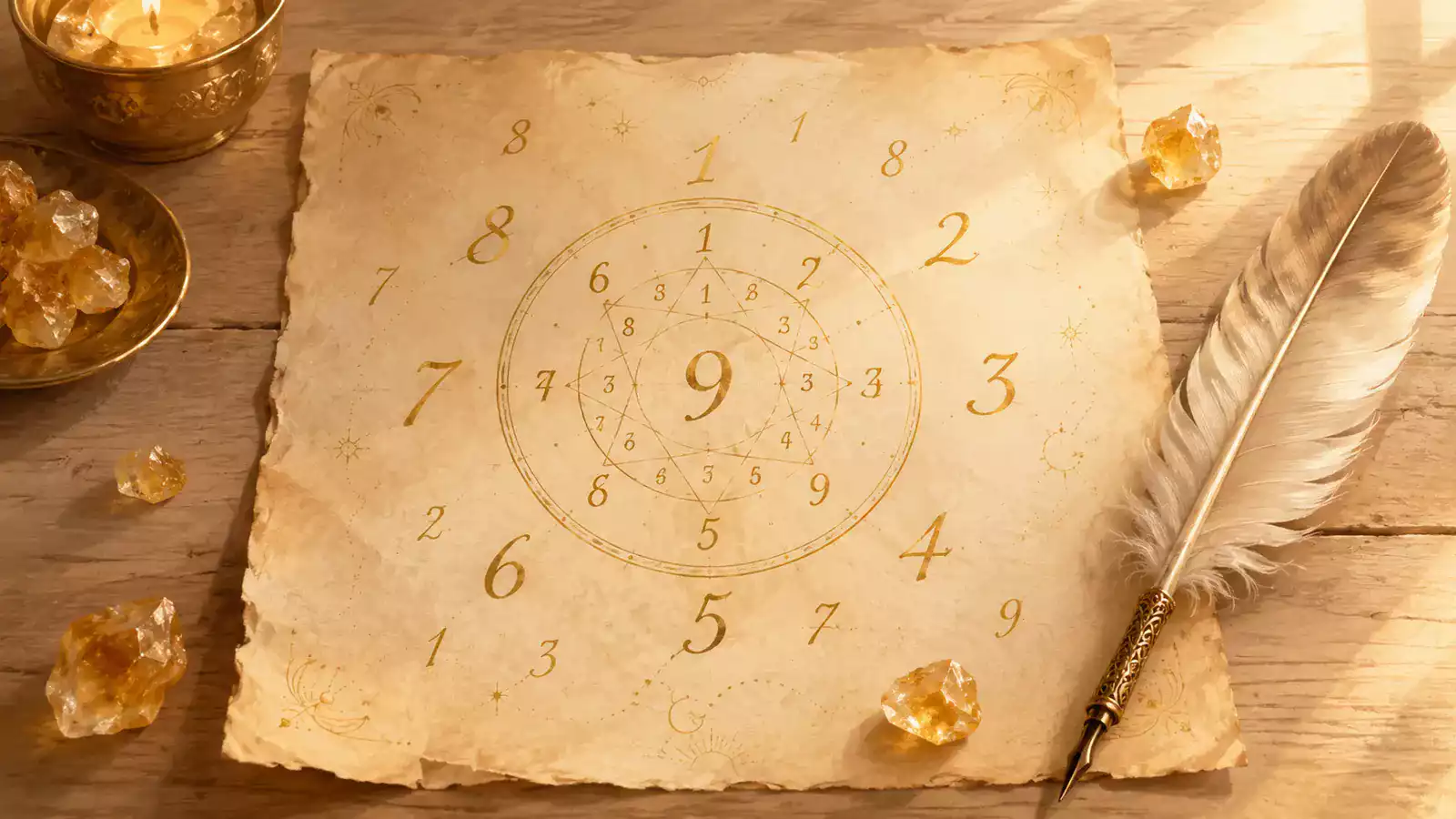 Feuille de parchemin sur table en bois clair avec roue numérologique, chiffres manuscrits dorés de 1 à 9, plume d’oie et cristaux de citrine.