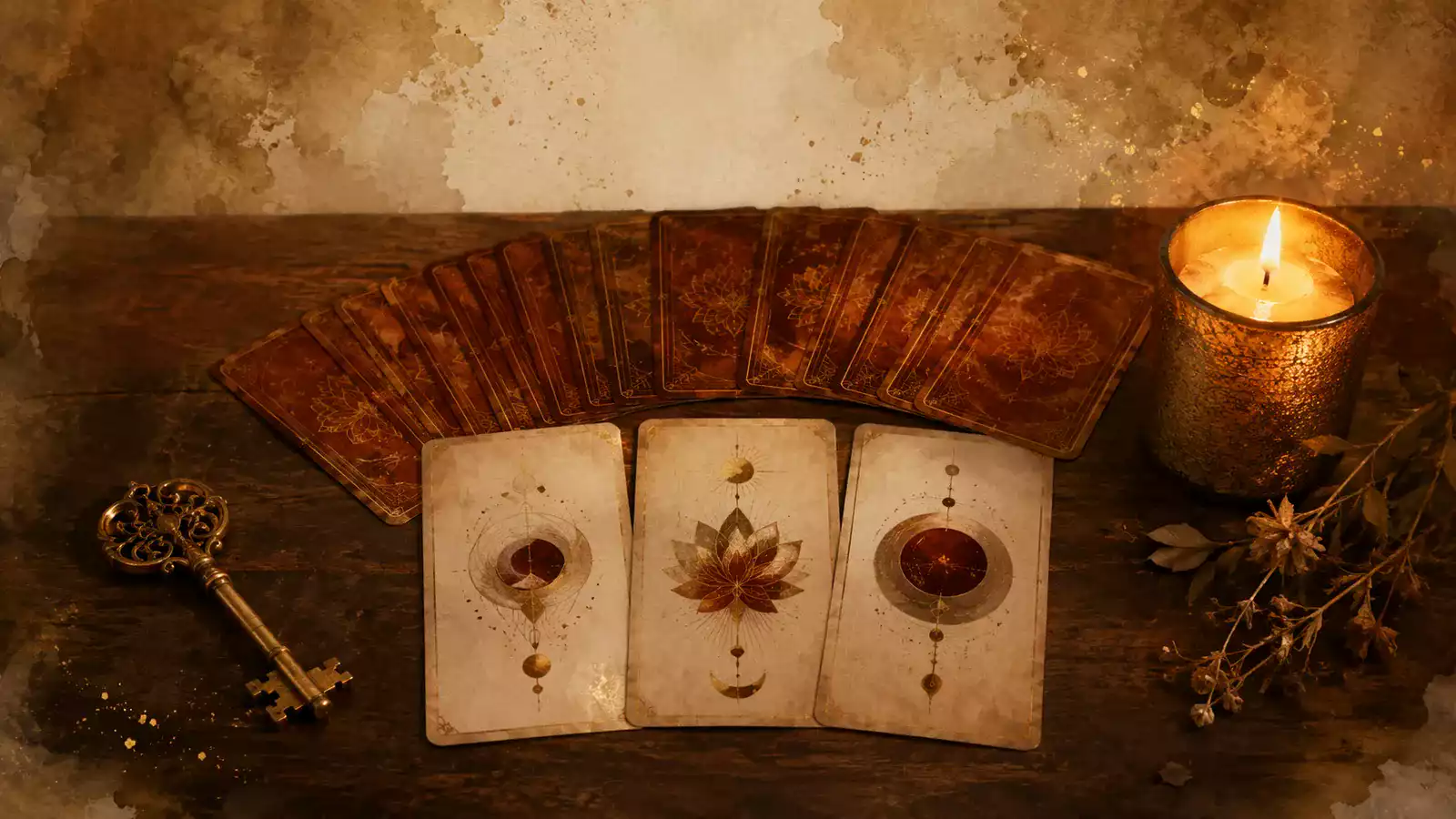 Jeu d’oracle Klice disposé en éventail sur une table en bois sombre, avec trois cartes mystiques, une clé ancienne en cuivre et une bougie allumée.