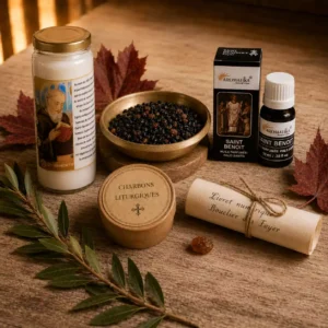 Pack Bouclier du Foyer Saint Benoît présenté sur une planche en bois avec neuvaine, encens en résine, huile parfumée, charbons liturgiques et livret roulé.