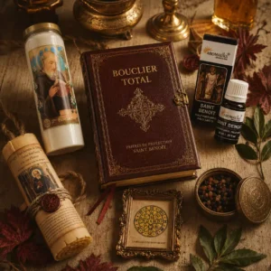 Pack Bouclier Total Saint Benoît présenté sur une planche de bois avec livret bordeaux, huile parfumée, encens, bougie de neuvaine, bougie parchemin, pentacle encadré et charbons.