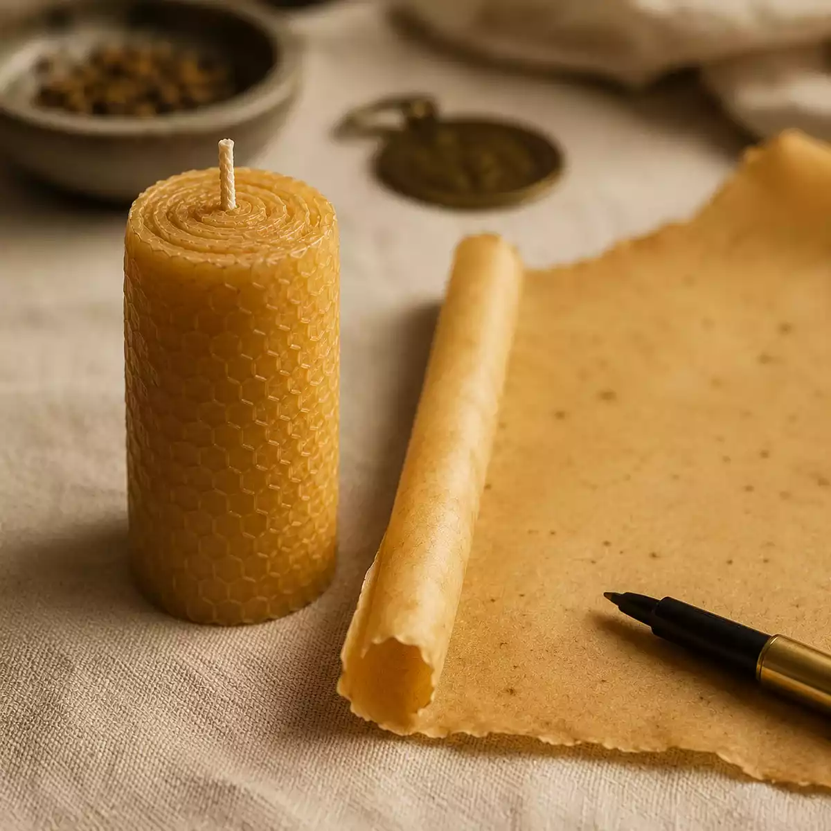 Parchemin de cire d’abeille partiellement roulé à la main sur un linge de lin ivoire, avec bougie fine, feuille dorée et feutre noir au capuchon doré.